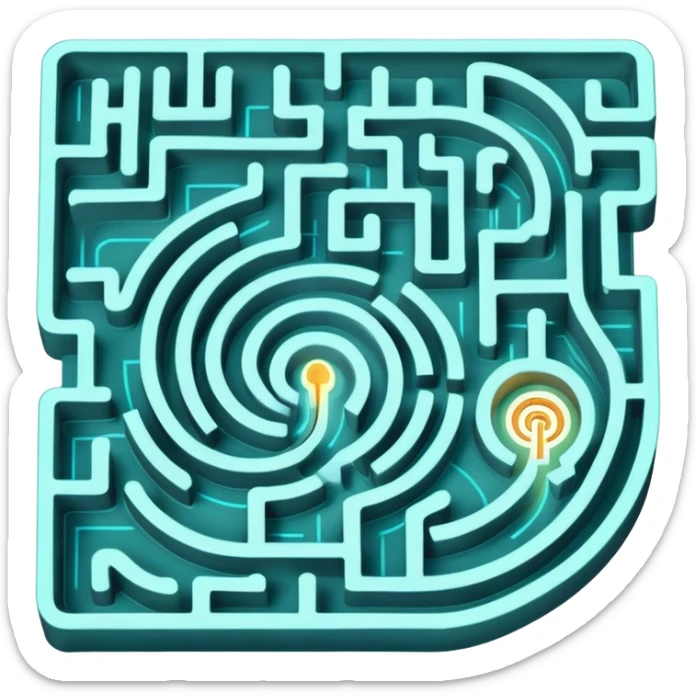 An icon showing an aerial view of a maze, with winding paths and dead ends, symbolizing indoor and city-based escape rooms. A glowing arrow points the way forward, representing the challenge of solving puzzles and finding the exit. .transparent background. sticker