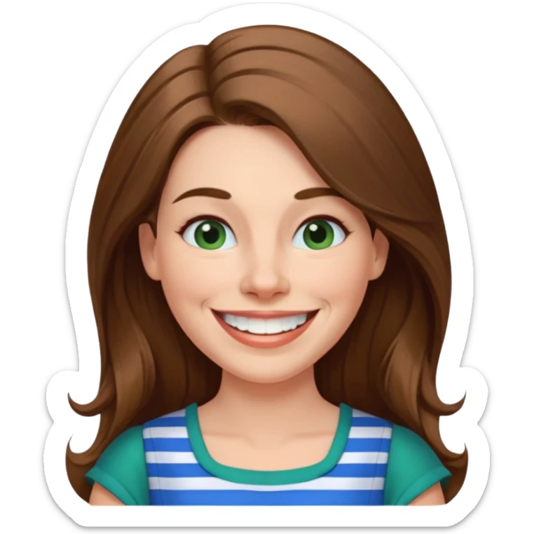 40 yr Caucasian woman, long brown hair parted on side, white stripe in hair, blue green dress ,big smile, white teeth, dimples sticker