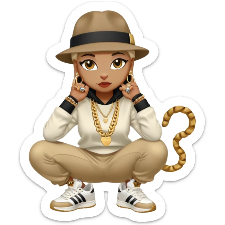 female cat wearing Run DMC hip-hop outfit with tracksuit, fedora, Adidas sneakers, many gold chains, rings, bracelets, flashy earrings, whispering to a friend, no sunglasses sticker
