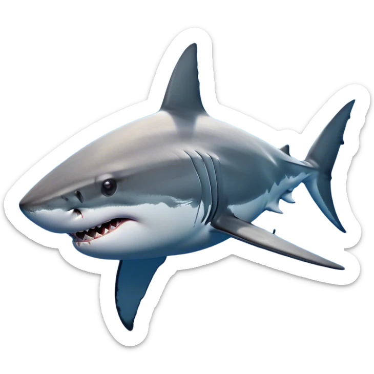 Cinematic Noble Great White Shark Portrait Emoji, Poised and regal, with a robust, torpedo-shaped body, a pointed snout, a gleaming white underbelly contrasting with a slate gray dorsal surface, and piercing, intense eyes scanning deep blue waters, Simplified yet sharp and sophisticated features, highly detailed, glowing with a cool, oceanic luminescence, high shine, intelligent and commanding, stylized with an air of marine authority, focused and vigilant, soft glowing outline, capturing the essence of a watchful and confident predator that appears ready to surge out of the screen with effortless power! sticker