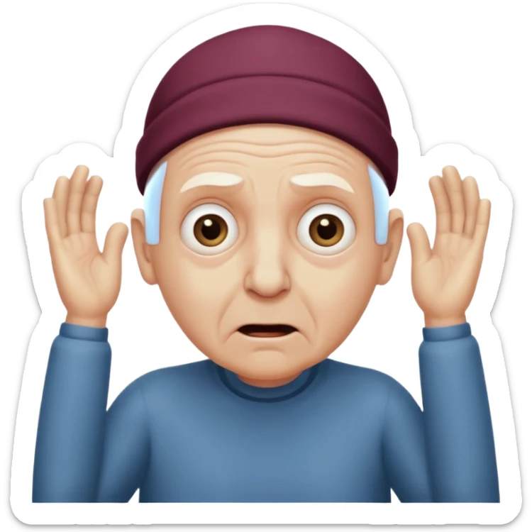 A bald person who’s very old is staring, he’s inside a toilet and his head is upright and looking at the camera with very wide eyes and his hands are putting pressure on his head, very scared expression and he’s shaking his butt sticker