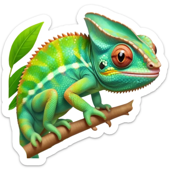 cinematic cute-smiling baby chameleon-realistic emoji,-blending-with-vibrant-greenery.-detailed-scales-in-shifting-colors,-showing-the-chameleon’s-ability-to-camouflage.-soft-natural-light-highlights-its-texture.-light-background, zoomed into its face sticker
