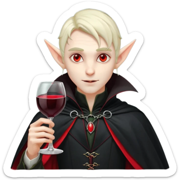 male elf vampire emoji, pale skin, red glowing eyes, long pointed ears, black high-collared cloak with red lining, holding a wine glass filled with red liquid, elegant Halloween fantasy look, smooth Apple emoji style, clean white background, square image sticker