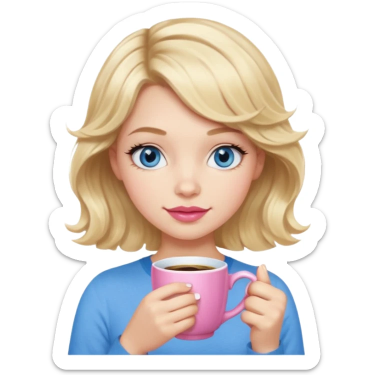 Girl Blonde short wavy hair,  blue eyes, cute blue top, long lashes, pink lips, holding white hot coffee mug sticker