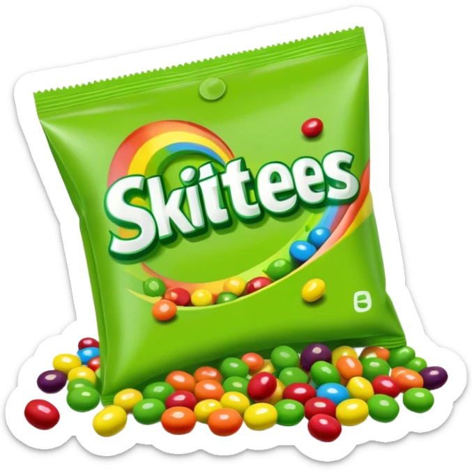 A colorful Skittles candy pack with green candies spilling out. Minimalist design with bright rainbow colors on the package and only green Skittles candies. sticker