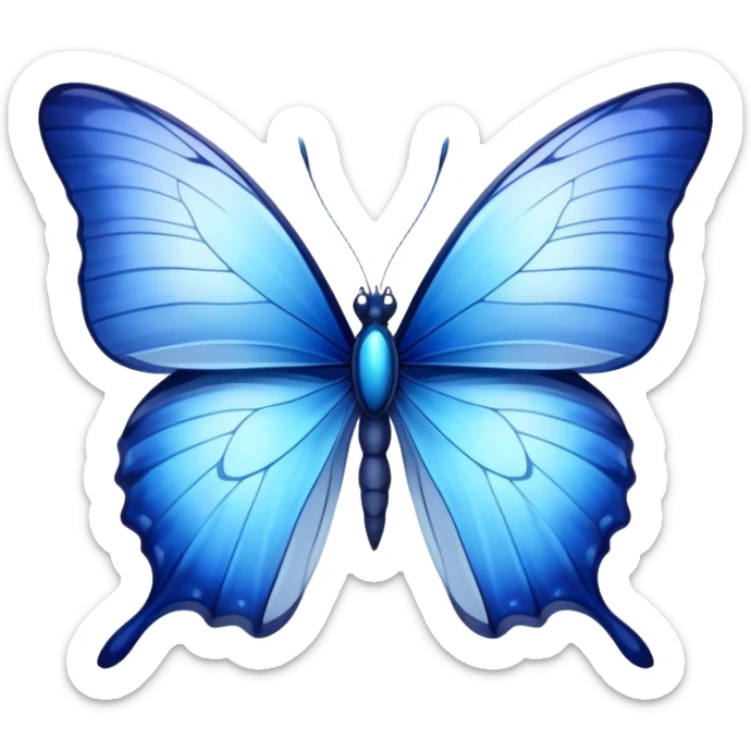 Cinematic Realistic Noble Blue Butterfly Portrait Emoji, Poised and graceful, with delicate, translucent wings rendered in vivid sapphire and indigo tones, a slender, elegant body with finely detailed textures, and gentle, reflective eyes, illuminated by soft natural light, high shine, intelligent and ethereal, styled with an air of refined natural beauty, focused and attentive, soft glowing outline, capturing the essence of a watchful and confident blue butterfly that appears to flutter out of the screen with effortless grace! sticker