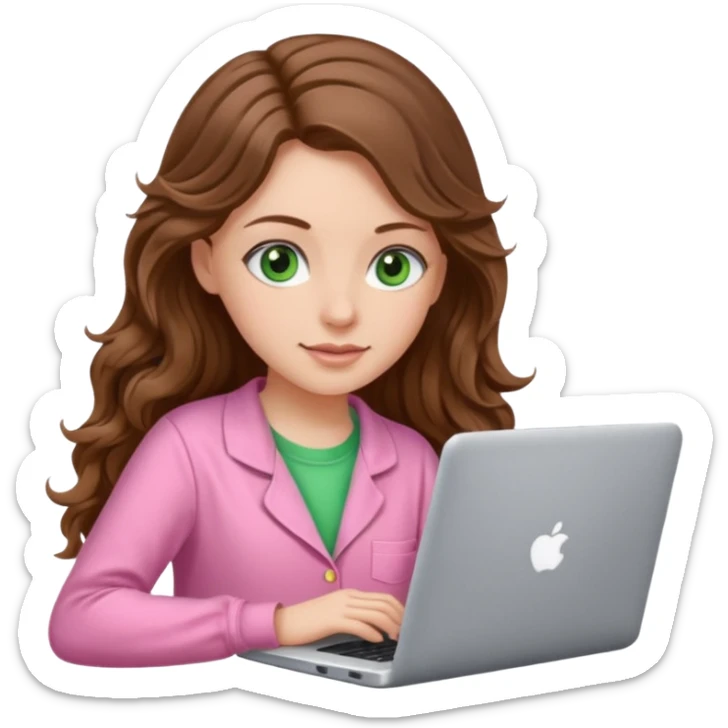 make a picture in ios 18 style of a white girl with brown long wavy hair and green eyes wearing pink pajamas and working on a laptop sticker