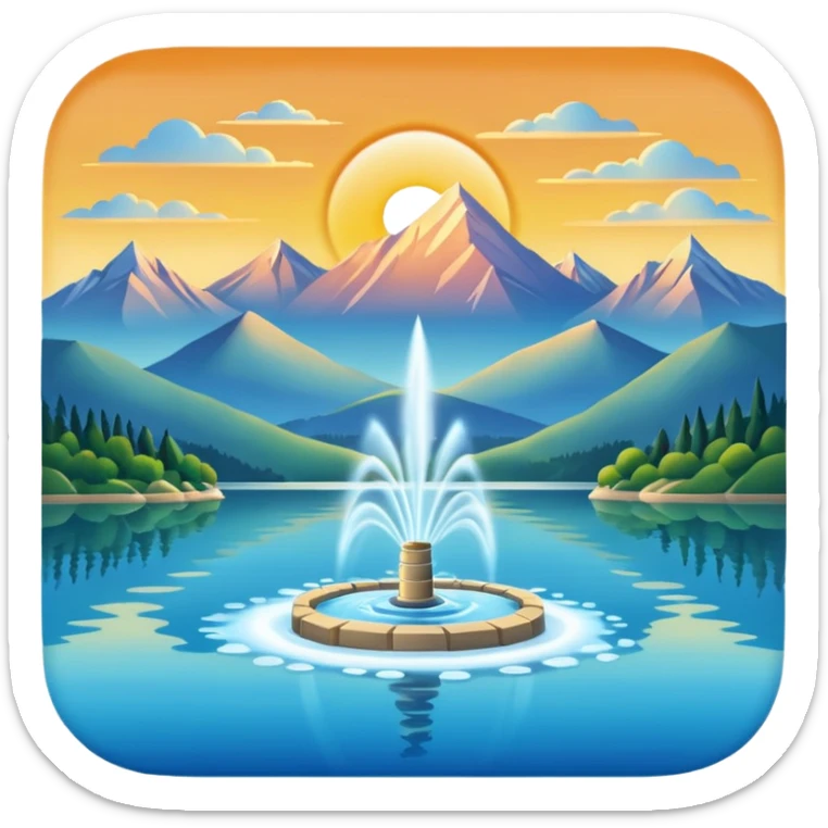 Please generate an image of a sunrise illuminating a lake with a huge water jet like that in the Geneva lake and some mountains in the background. sticker
