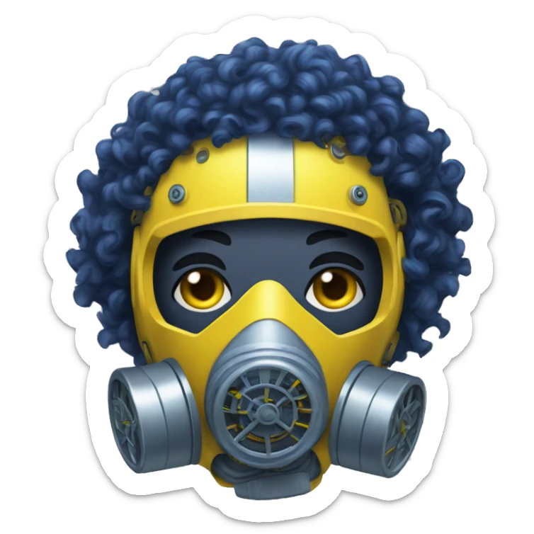 Dark Blue curly hair cyborg head with yellow respirator mask and circuitry sticker