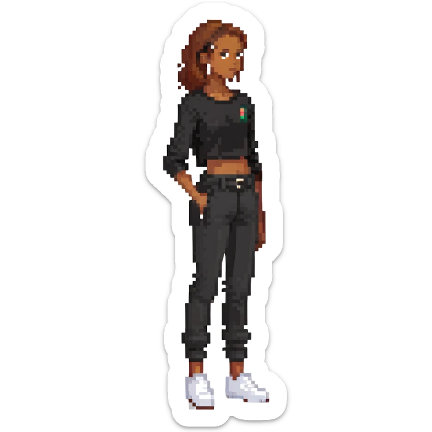 personaje con piel marrón, pelo peinado para el lado, ropa negra, pantalones un poco bajados sticker