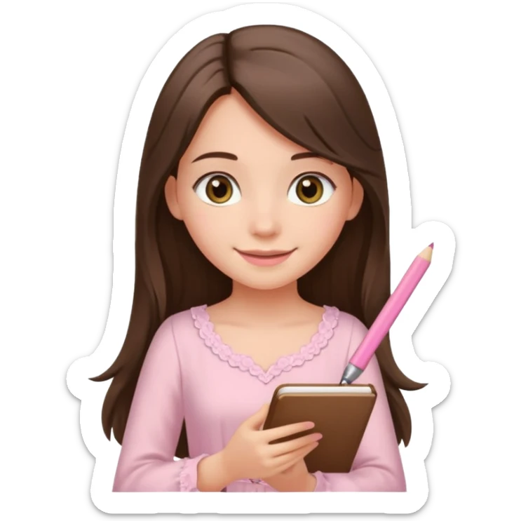 pretty smiling long brunette hair girl with hazel eyes wearing light pink dress writing sticker