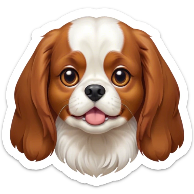 Cinematic Comical Blenheim Cavalier King Charles Spaniel Portrait Emoji, Head tilted dramatically with an exaggeratedly shocked or offended expression, short, silky Blenheim coat with bold chestnut and white patches, wide, expressive brown eyes filled with exaggerated disbelief, Simplified yet hilariously expressive features, highly detailed, glowing with a slightly sassy glow, high shine, dramatic yet playful, stylized with an air of attitude, bright and endearing, soft glowing outline, capturing the essence of a sassy and over-the-top pup, so meme-worthy it feels like it could side-eye its way into internet fame instantly! sticker