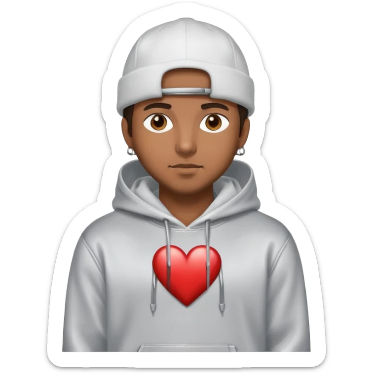 Brownskin male wearing chrome heart hoodie and hat sticker