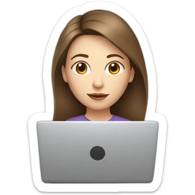 woman looking from behind a laptop. There is a coffee mug in front of the laptop. The woman has middle brown straight hair and pale skin. sticker