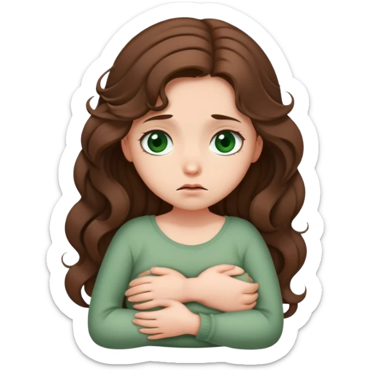 Sad Girl with curled brown long length hair and dark green eyes with belly ache sticker