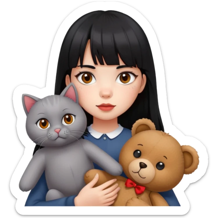 The girl with black eyes and red cheeks has long black hair with bangs and holds a British grey cat and a brown teddy bear sticker
