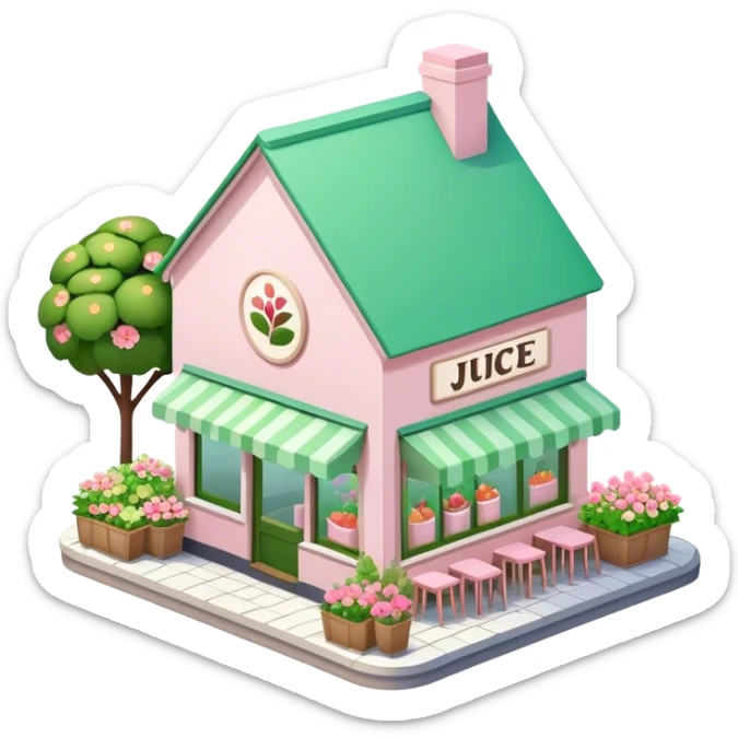 Organic juice shop, light pink and green and decorated with lots of florals, isometric exterior view, pitched roof sticker