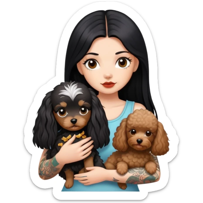 girl with long black  straight hair and tattoos and white Yorkshire and brown poodle sticker