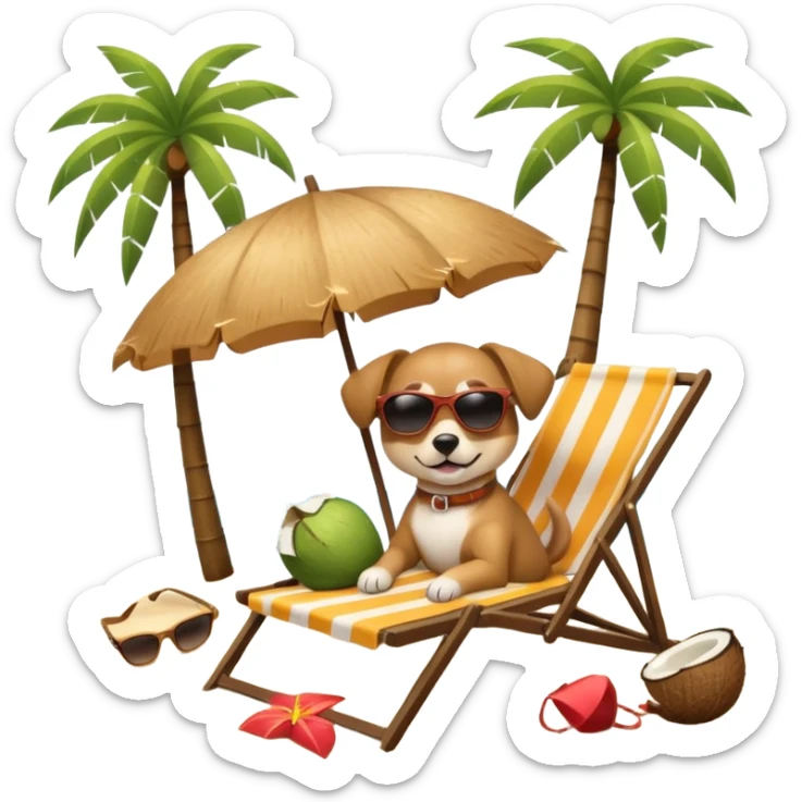 a dog laied on a beach chair, a sunny beach, a sun umbrella, and beach coconut trees. the icon should capture the essence of a relaxing beach vacation with a carefree atmosphere sticker