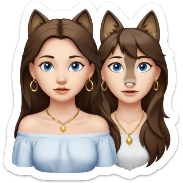 A pretty white girl with brunette hair blue eyes  thin gold hoop earrings and a matching gold necklace in a white shirt that cuts off the shoulders her hair is long and she has a wolf cut sticker