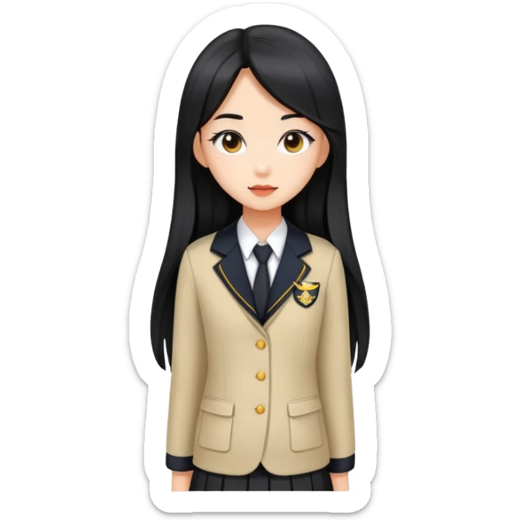 trendy schoolgirl with Asian skin, straight black long hair, chic uniform sticker