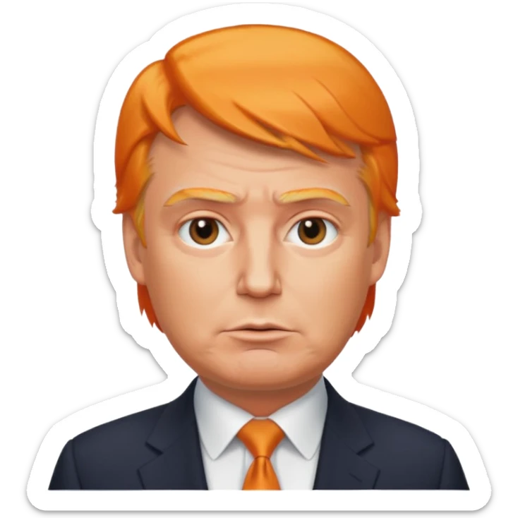 Donald Trump emoji style, simplified face, orange hair, suit sticker