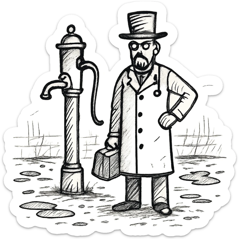A victorian doctor with a street water pump in a dirty street sticker