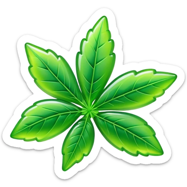 generate an emoji-style image of a juicy gummy shaped like a marijuana flower sticker