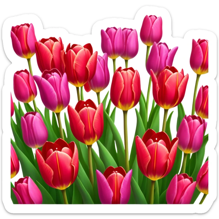 Tulips – Cinematic Realistic Tulips, depicted as a vibrant field of blooming tulips in brilliant hues, each delicate petal catching dewdrops under soft, natural spring light, rendered with detailed textures and a dreamy, picturesque glow. sticker