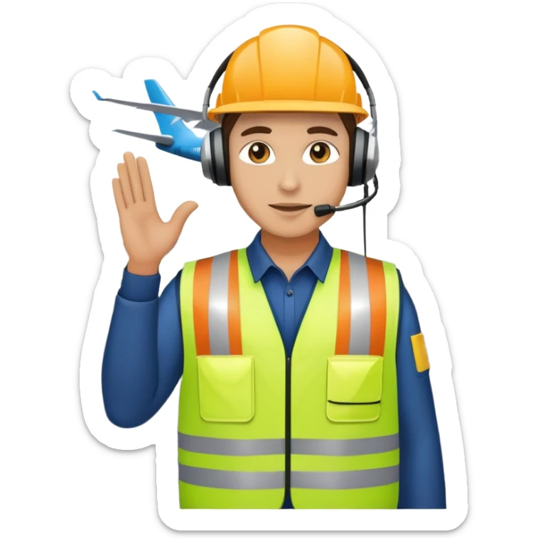 ramp agent at airport wearing reflective vest and headphones, directing aircraft sticker