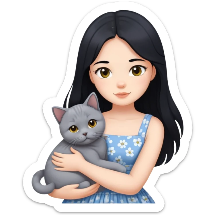 A beautiful girl with long black hair wearing a sun dress hugs a British Shorthair sticker