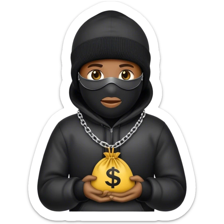 Create an emoji wearing a ski mask and a circle chain with an emoji in the picture of the circle chain sticker