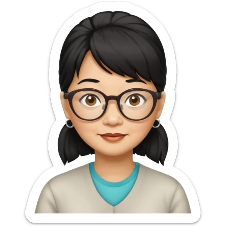 filipino woman black hair in one pony tail with straight bangs and big glasses, 60 yr old

 sticker