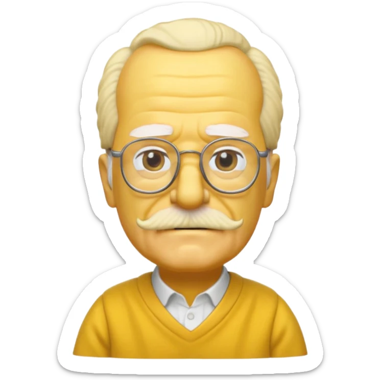 A 3D cartoon close-up of Grandpa Abe Simpson from The Simpsons, rendered in Memoji-style with bald yellow head, white tufts of hair on the sides, wrinkled face, glasses, and warm lighting. Match the Simpsons family color tone and style, yellow dress. sticker