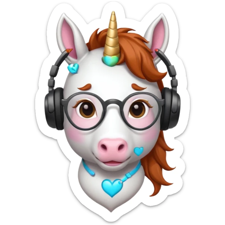 headphone wearing white unicorn with dark ginger hair and heart shaped spectacles sticker