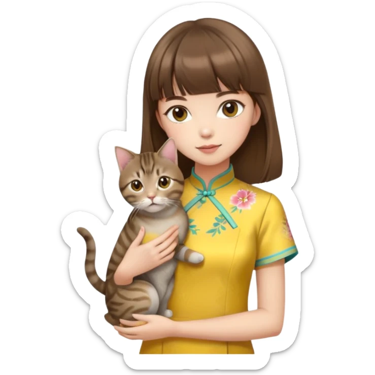 girl with brown hair and bangs wearing yellow qipao with a gray tabby cat sticker