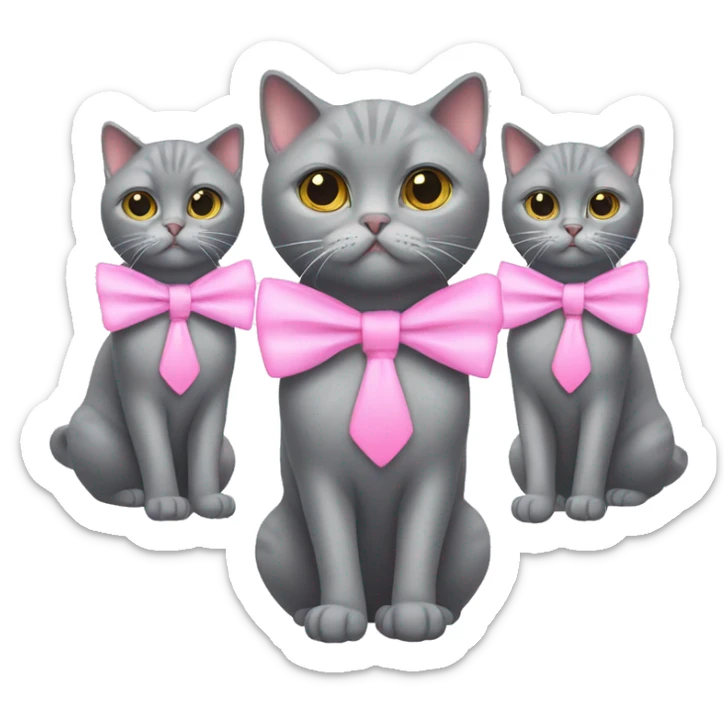 Please generate an emoji consisting of 3 grey british shorthair cats with pink bowties sticker