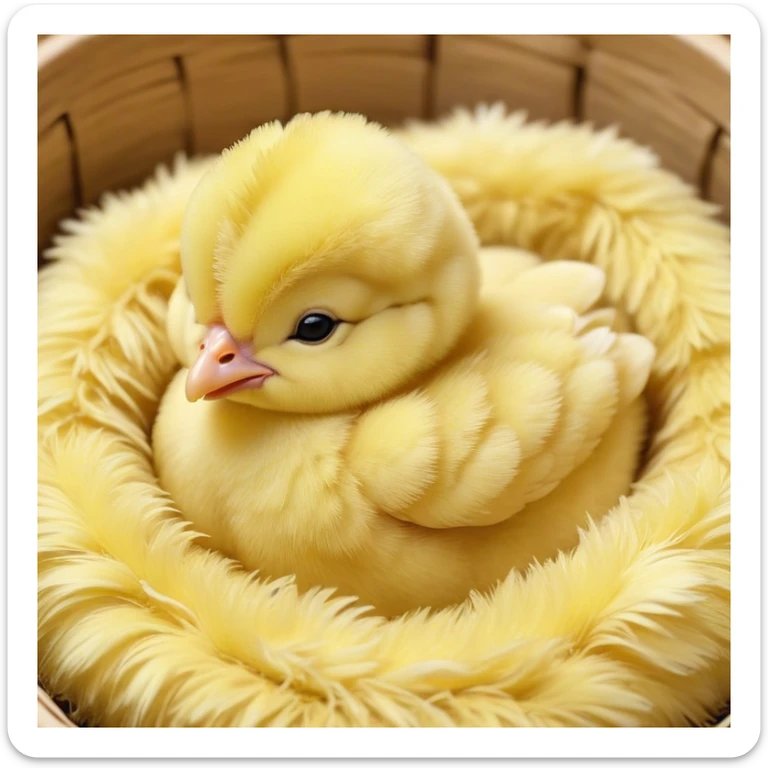 Meme-Worthy Cute Sleeping Yellow Baby Chicken Portrait Emoji, Head resting peacefully with a contented smile, showcasing a delightfully tiny build and a luxuriously soft bright yellow downy coat, eyes shut in a serene, restful nap, Simplified yet hilariously adorable features, highly detailed, glowing with a soft, drowsy light, high shine, relaxed and utterly lovable, stylized with an air of playful laziness, bright and heartwarming, soft glowing outline, capturing the essence of a comically sleepy chick, so meme-worthy it feels like it could instantly become the next viral sensation of adorable slumber! sticker