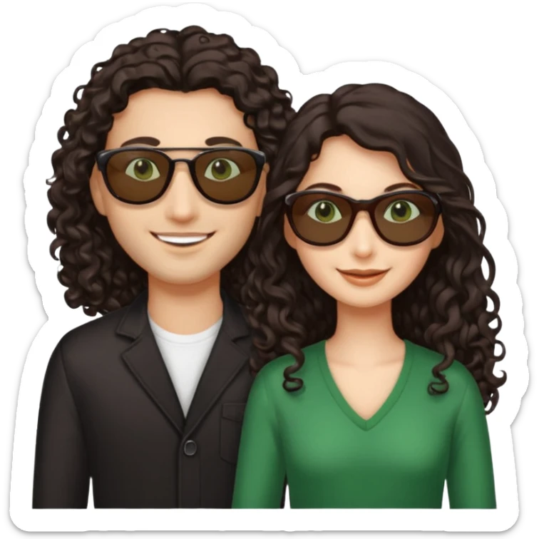 Two besites in sunglasses, 1: long ironed straight darkbrown hair, green eyes, 2: long curly darkbrown hair, brown eyes sticker