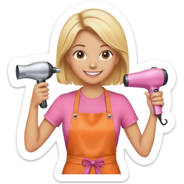 blonde female hairstylist smiling, pink t-shirt, orange apron, holding scissors and hairdryer with hands raised sticker