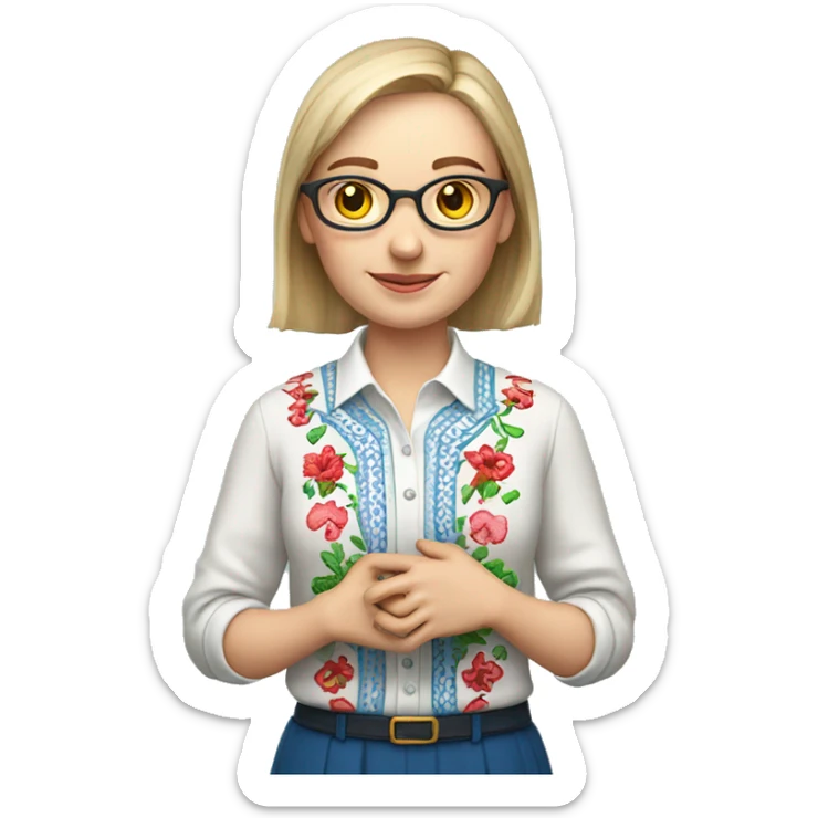 A Ukrainian teacher in an embroidered shirt holds a heart in her hands sticker