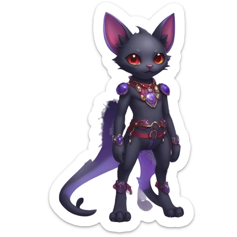 cool kawaii edgy black purple red ethereal fantasy beautiful elegant nargacuga-bat-cat-Fakemon wearing legs spats a collar harness with jewelries full body sticker