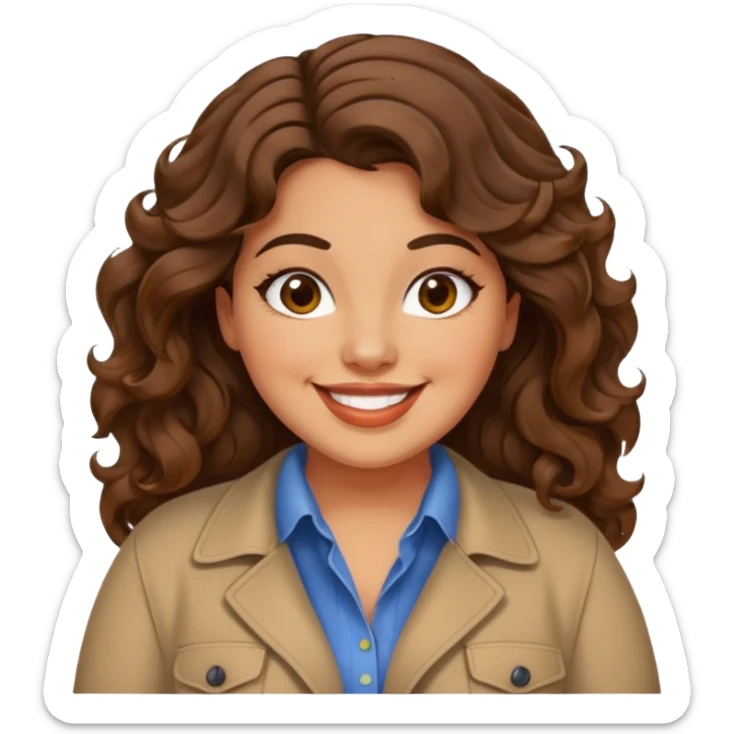 30 yr old italian woman, chubby, brown wavy hair, big brown eyes, huge smile, trendy clothes sticker