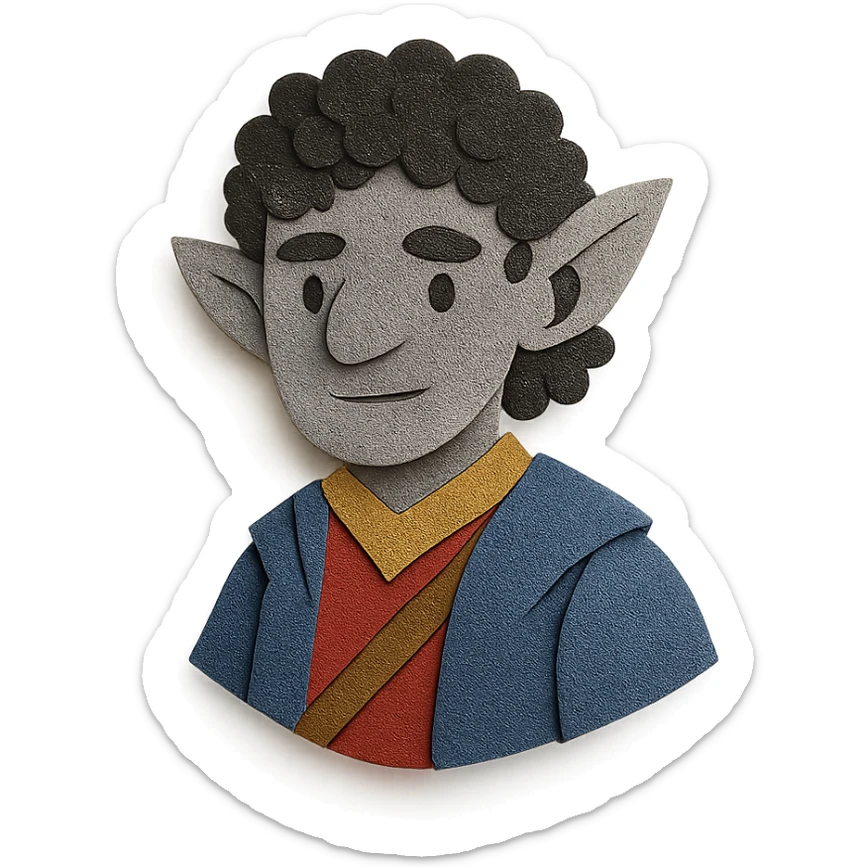 DnD firbolg with grey skin and black curly hair sticker