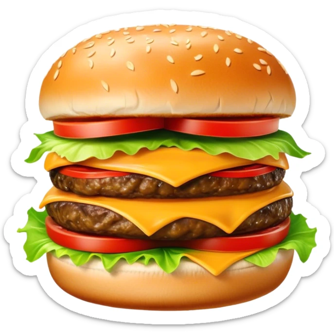 Cinematic juicy cheeseburger, perfectly grilled patty, melted cheese, crisp lettuce, tomatoes, and pickles, soft sesame seed bun, glossy and rich, warm glowing background, ultra-detailed and appetizing. sticker
