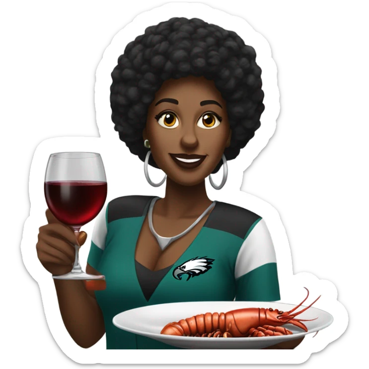 Black woman eating steak and lobster and wine wearing an eagles jersey sticker