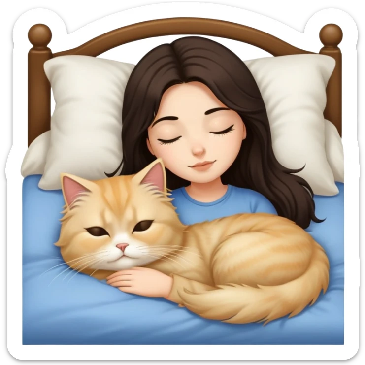 pretty girl with dark long hair sleeping with blonde fluffy  persian cat in bed sticker