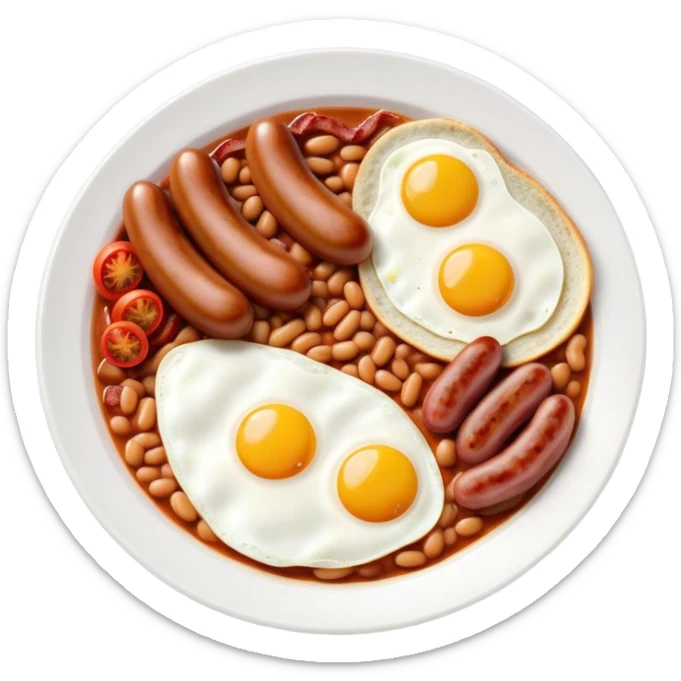 Cinematic Realistic English Breakfast Dish Emoji, showcasing a hearty ensemble of eggs, bacon, sausages, baked beans, and grilled tomatoes rendered with lifelike texture and vibrant, appetizing detail that exudes comforting tradition. sticker