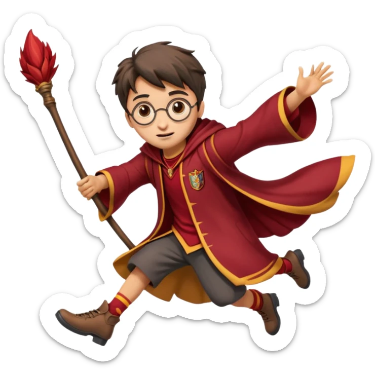Cartoon-style illustration of Harry Potter flying on a broomstick, Gryffindor red and gold outfit, expressive face, dynamic motion, magical vibe, smooth shading, vibrant colors, no background, transparent background, isolated character. sticker