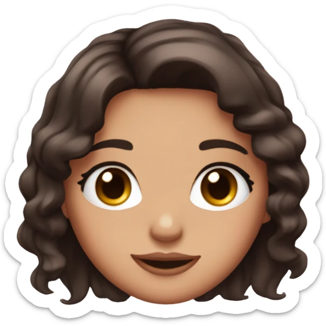 girl with black and brunette hair, brown eyes, shine in the tear duct, long and pretty eyelashes and a cute smile, with pink cheeks sticker